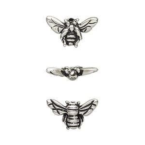 Bead 1pkg2 silver-plated pewter, 15.5x9mm honeybee, antique TierraCast&reg;