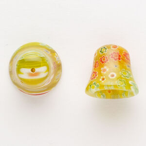 Cord end 1pkg2 millefiori glass, 17-18mm bell / 10.5-10.8mm inside diameter, translucent yellow-orange