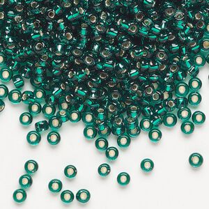 Seed bead, Miyuki, glass, pkg/50g, #8 rocaille, transparent silver-lined emerald green (RR-17).