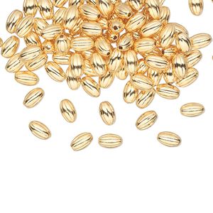 Bead 1pkg100 gold-plated, 5x3mm corrugated oval, brass