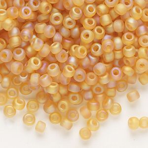 Seed bead, Dyna-Mites&trade;, glass, transparent frosted rainbow amber yellow, #6 round. Sold per 40-gram pkg.