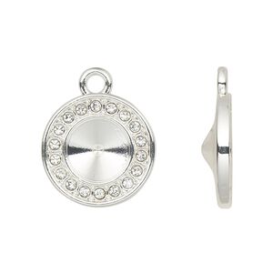 Drop, Almost Instant Jewelry&reg;, cubic zirconia and silver-finished "pewter" (zinc-based alloy), clear, 16mm single-sided round with SS39 rivoli glue-in setting. Sold per pkg of 2.