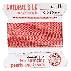 Thread, Griffin, silk, coral, size #8. Sold per 2-meter card (approximately 78 inches).