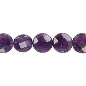 Amethyst 1pkg1, faceted puffed flat round bead natural 15.5-16 inch 10mm