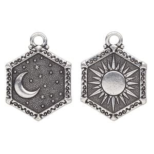 Charm, TierraCast&reg;, "Celestial" collection, antique silver-plated pewter (tin-based alloy), 24.5x21.5mm 2-sided hexagon with sun and moon design. Sold individually.