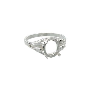 Ring, Sure-Set&trade;, sterling silver, two-leaf band with 10x8mm 4-prong oval setting, size 6. Sold individually.
