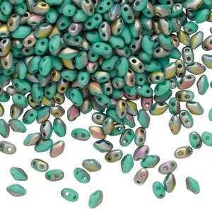 Bead, Preciosa Mini Twin&trade;, Mini Pressed Twin, Czech pressed glass, opaque matte turquoise green vitrail, 4x2.5mm oval with (2) 0.7mm holes. Sold per 50-gram pkg.