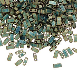 Seed bead, TILA&reg;, glass, pkg/40g, 5x2.3mm half tila rectangle, opaque matte metallic iris green patina, (HTL-2008).