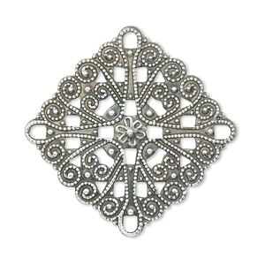 Focal, antique silver-plated brass, 34mm filigree diamond. Sold per pkg of 10.
