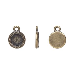 Drop, TierraCast&reg;, Almost Instant Jewelry&reg;, antique brass-plated pewter (tin-based alloy), 10mm round with beaded edge and SS34 round glue-in setting (2088). Sold per pkg of 2.