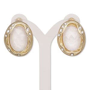 Earring, resin / mother-of-pearl shell (assembled) / glass rhinestone / gold-finished "pewter" (zinc-based alloy) 1pkg2, clear, 26mm with oval and post, 1 pair.