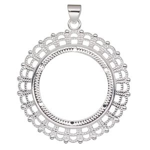 Pendant, silver-plated "pewter" (zinc-based alloy), 54mm fancy round with 38mm round setting. Sold per pkg of 2.