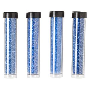 Seed bead assortment, Ming Tree&trade;, glass, pkg/(4) 4 x 3/4 inch vials, #11 round, opaque and transparent rainbow luster blue.