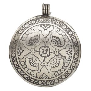 Pendant, antique silver-finished brass, 48mm single-sided round with flower design and wire-wrapped tube bail. Sold individually.