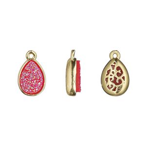 Drop, Druzylite&trade;, "druzy" (resin) and gold-finished brass, hot pink, 11.5x8.5mm two-sided teardrop with open filigree back. Sold per pkg of 4.