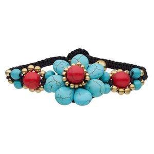 Magnesite / brass / waxed cotton cord 1pkg1, brass-plated bells / bracelet / adjustable 6-7 inch / button clasp / 33mm wide