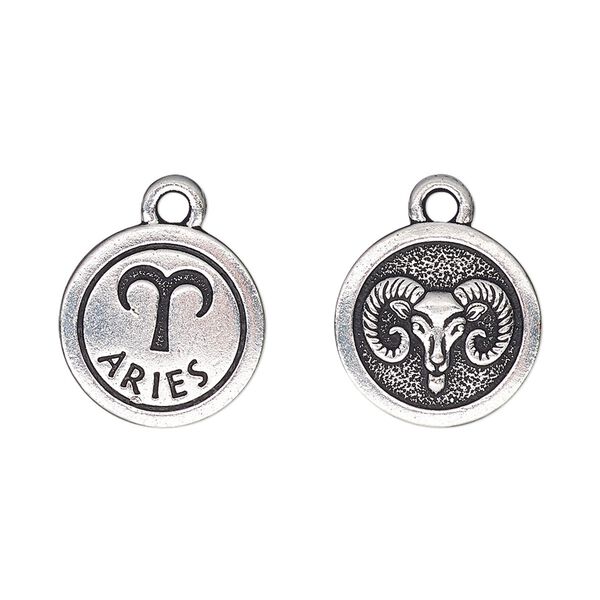 Charm, TierraCast&reg;, antique silver-plated pewter (tin-based alloy), 15mm two-sided flat round with Aries zodiac sign and symbol. Sold per pkg of 20. image number 0