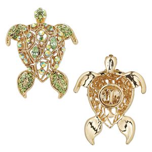 Spot pin, Czech glass rhinestone / gold-finished brass / "pewter" (zinc-based alloy), green AB and green, 41x32mm turtle. Sold individually.