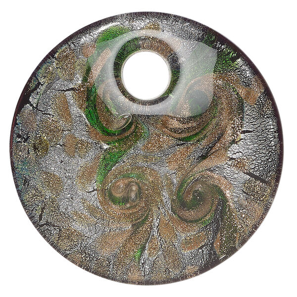 Focal, lampworked glass 1pkg1, opaque green / clear / black with copper-colored glitter and silver-colored foil, 50mm top-drilled domed round. image number 0