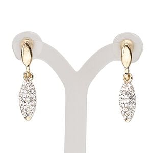 Earring, glass rhinestone / stainless steel / gold-finished "pewter" (zinc-based alloy), clear, 30mm with marquise and post. Sold per pair.