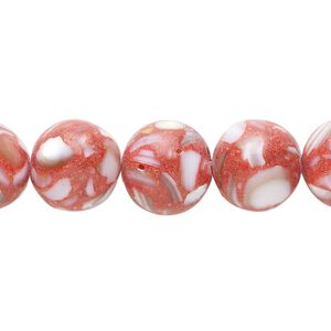 Multi-gemstone / mother-of-pearl shell / resin 1pkg1, round bead 15 inch red-white 11-13mm