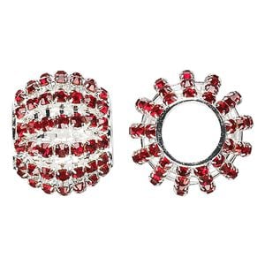 Bead 1pkg1 silver-finished, 25x20mm barrel / 3mm chatons, brass / ruby red rhinestone