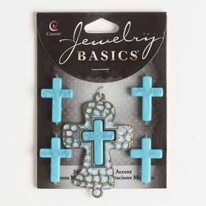 Bead and focal assortment 1pkg5, brass-finished "pewter" (zinc alloy) / resin, blue, 24x17mm cross and 47x38mm hammered cross with (2) loops.
