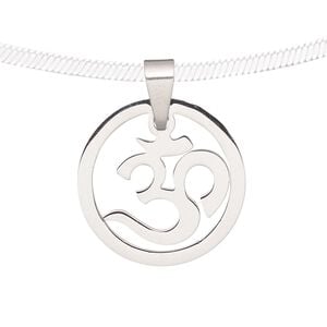 Pendant, stainless steel, 19mm matte and shiny round with Om symbol. Sold individually.