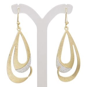 Earring, gold-finished brass and steel, silver with glitter, 2-1/4 inches with scratched open teardrop and fishhook ear wire. Sold per pair.