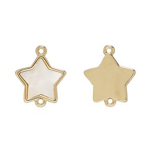 Link, gold-finished brass / mother-of-pearl shell (bleached) 1pkg2, white, 14mm star.