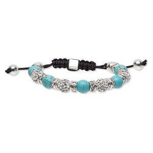 Bracelet, magnesite (dyed / stabilized) / glass rhinestone / nylon / polymer clay / silver-plated steel / "pewter" (zinc-based alloy), multicolored, 10mm wide with round, adjustable from 6-9 inches with macram&eacute; knot closure. Sold individually.