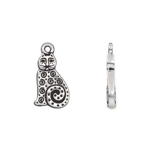 Charm, TierraCast&reg;, antique silver-plated pewter (tin-based alloy), 16x10mm double-sided cat with swirls and dots. Sold per pkg of 20.