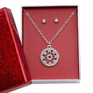 Necklace and earring set, glass rhinestone / silver-finished brass / steel / "pewter" (zinc-based alloy), clear, 22mm round with cutout flower, 15" to 16" necklace with 3-inch extender chain and lobster claw clasp, 4mm round with post. Sold per set.