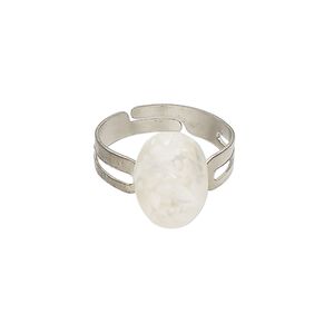 Ring steel / mother-of-pearl shell 1pkg1, 13x10mm oval, bleached/assembled silver finish / white
