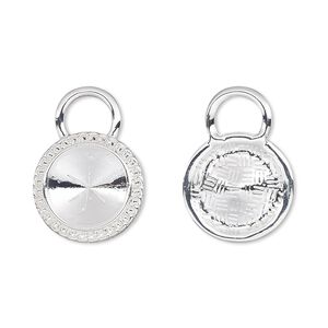 Drop, Almost Instant Jewelry&reg;, silver-plated "pewter" (zinc-based alloy), 20mm round with rope edge and 14mm rivoli setting. Sold per pkg of 2.