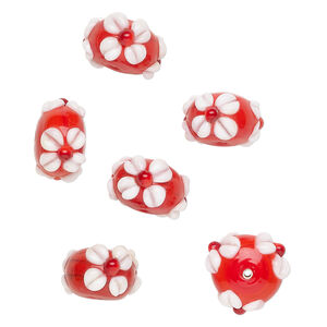Bead, lampworked glass 1pkg6, opaque red / white, 18x11mm rondelle with flowers.