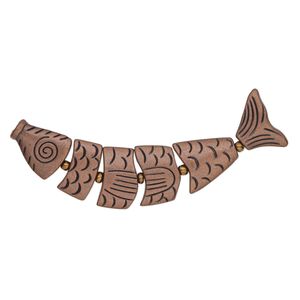 Bead 1pkg1 copper-plated "pewter", 76x19mm 2sided fish / 2mm round, copper-finished glass / antiqued