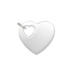 Charm, sterling silver, 21mm heart with cutout heart with 6mm jump ring. Sold individually.