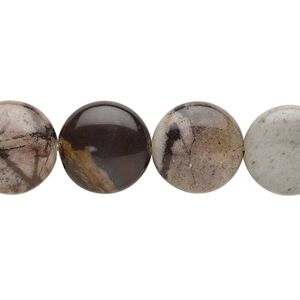 Outback jasper 1pkg1, puffed flat round bead natural 8 inch 14mm