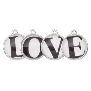 Drop, silver-finished "pewter" (zinc-based alloy) and plastic, black and white, 20mm single-sided domed flat round with "LOVE." Sold per 4-piece set.