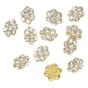 Button, gold-finished "pewter" (zinc-based alloy) and Czech glass, clear, 12mm flower. Sold per pkg of 12.