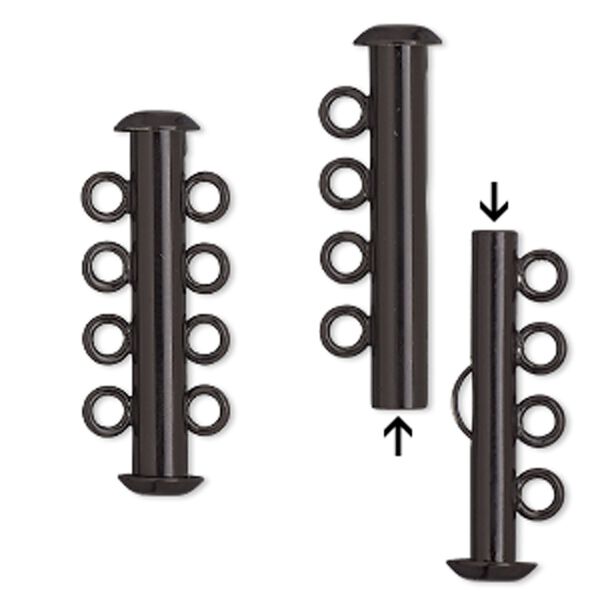 Clasp slide lock 1pkg2, 26x6mm tube, brass / electrocoated black 4-strand image number 0