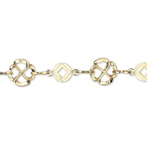 Chain 1pkg1 gold-plated round & flower, 6mm / 8.5mm, brass 5 foot unfinished