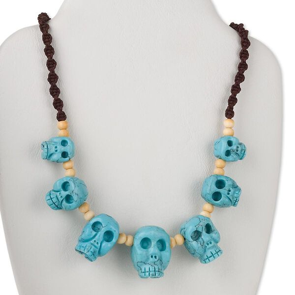 Necklace, Everyday Jewelry, "turquoise" (imitation) resin / nylon cord / littleleaf boxwood, 15x12mm-25x18mm graduated 3D skulls, 16 to 30 inches with macram&eacute; knot closure. Sold individually. image number 0