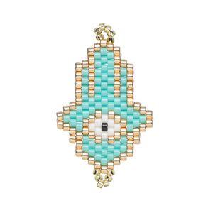 Link, Creative Touch, glass, turquoise blue / white / copper, 27x20mm Hamsa hand with wards-off-the-evil-eye design. Sold individually.