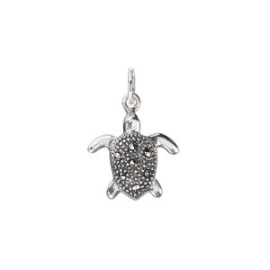 Charm, Signity&reg; marcasite (natural) and sterling silver, 15x14mm sea turtle. Sold individually.