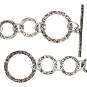 Chain 1pkg1 silver-plated link, 25mm textured round / toggle clasp, antique copper 36 inch