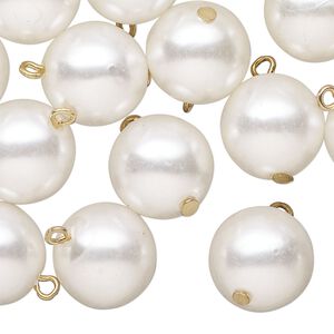 Drop, antique gold-finished "pewter" (zinc-based alloy) and acrylic pearl, white, 14mm round. Sold per pkg of 100.