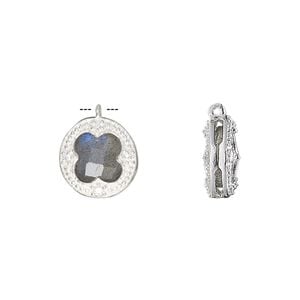 Drop, labradorite (natural) / cubic zirconia / sterling silver, clear, 12mm two-sided faceted round. Sold individually.