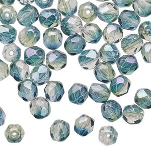Bead 1pkg1 Czech fire-polished glass, 6mm faceted round, 1 mass translucent half-coated luster green / teal